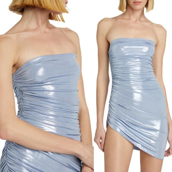 Norma Kamali | Strapless Diana Pickleball Dress in Misty Blue Metallic Mini S - Picture 1 of 16